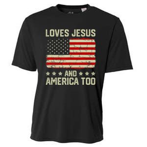 Loves Jesus And America Too 4th Of July Proud American Flag Cooling Performance Crew T-Shirt