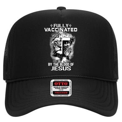 Lion Jesus Cross Fully Vaccinated By The Blood Of Jesus High Crown Mesh Back Trucker Hat