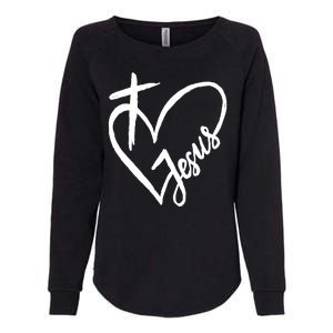 Love Jesus Cross Heart Womens California Wash Sweatshirt