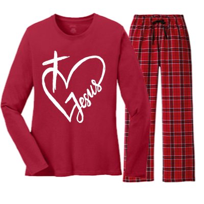 Love Jesus Cross Heart Women's Long Sleeve Flannel Pajama Set 