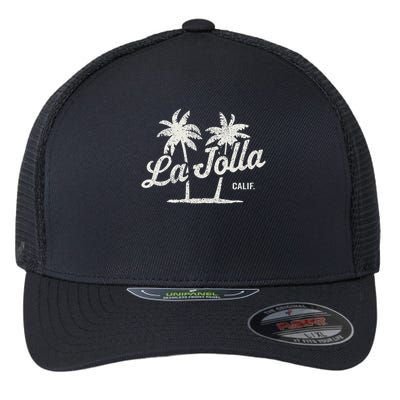 La Jolla California Vintage 70s Palm Trees Graphic Flexfit Unipanel Trucker Cap