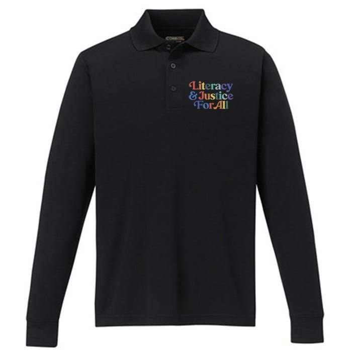 Literacy Justice For All Stop Book Banning Protect Librarian Performance Long Sleeve Polo