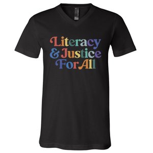 Literacy Justice For All Stop Book Banning Protect Librarian V-Neck T-Shirt