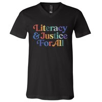 Literacy Justice For All Stop Book Banning Protect Librarian V-Neck T-Shirt