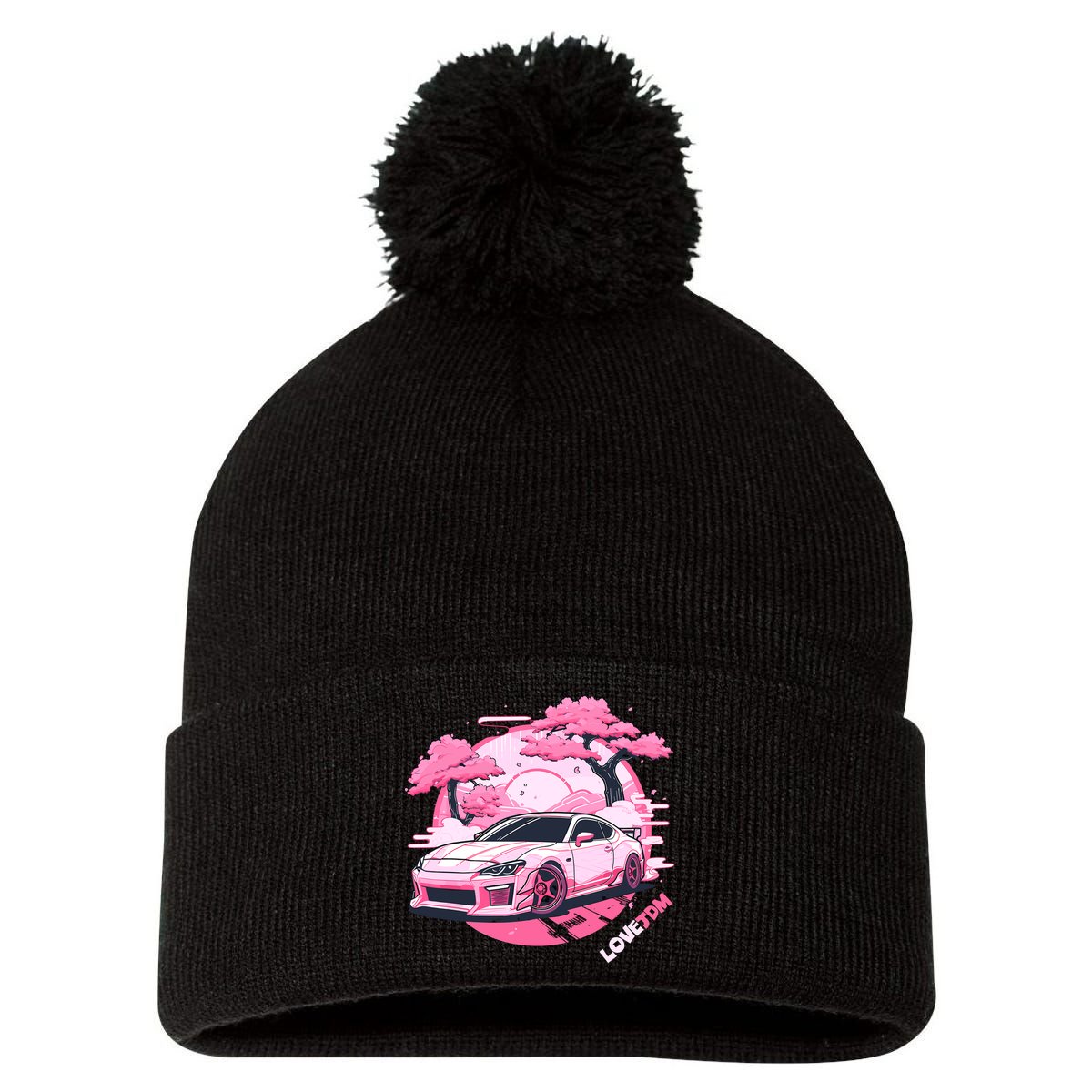 Love JDM Girl Racer Pink Japanese Race Car Pom Pom 12in Knit Beanie