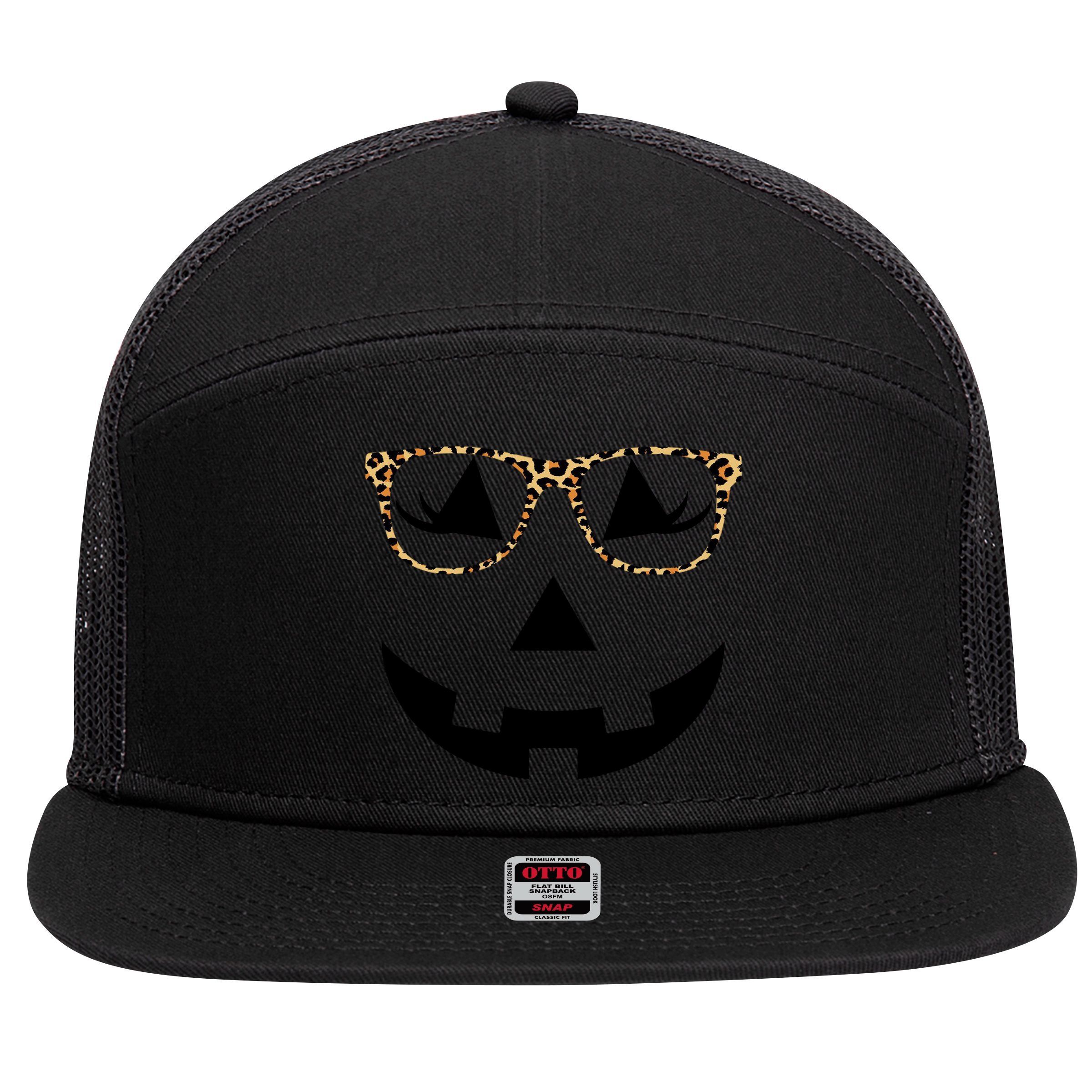 Leopard Jack O Lantern Pumpkin Face 7 Panel Mesh Trucker Snapback Hat