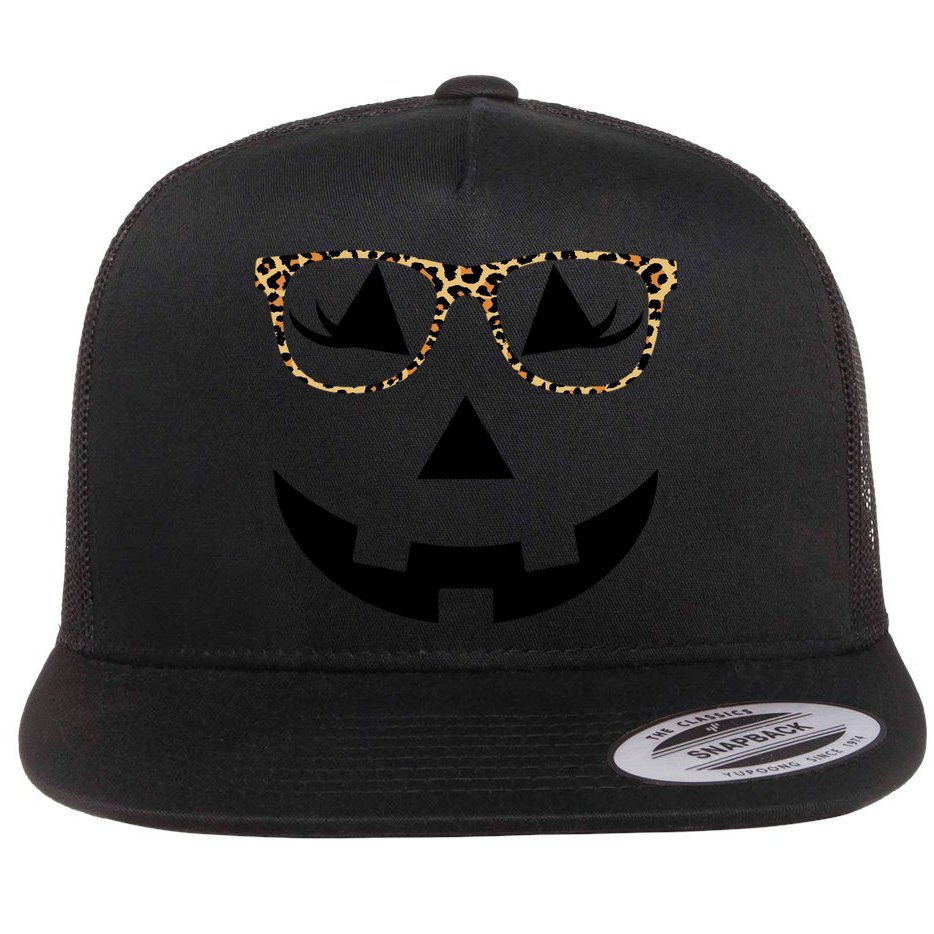 Leopard Jack O Lantern Pumpkin Face Flat Bill Trucker Hat
