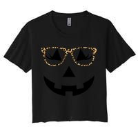 Leopard Jack O Lantern Pumpkin Face Women's Crop Top Tee