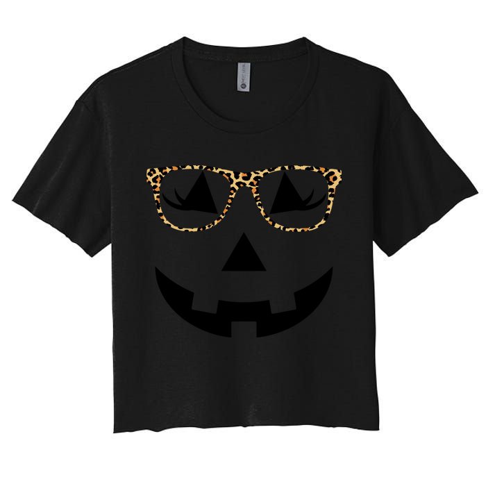 Leopard Jack O Lantern Pumpkin Face Women's Crop Top Tee