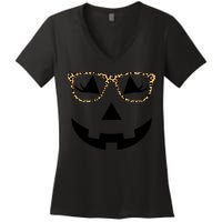 Leopard Jack O Lantern Pumpkin Face Women's V-Neck T-Shirt