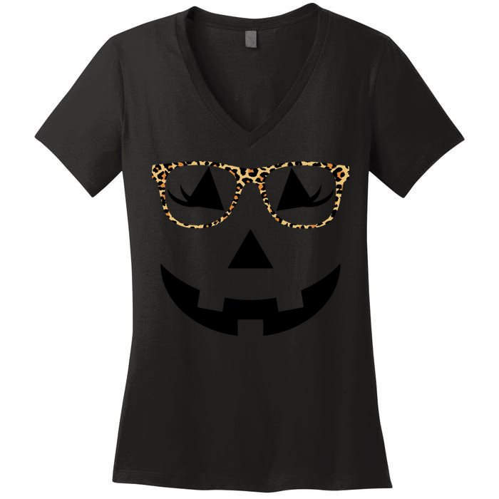 Leopard Jack O Lantern Pumpkin Face Women's V-Neck T-Shirt