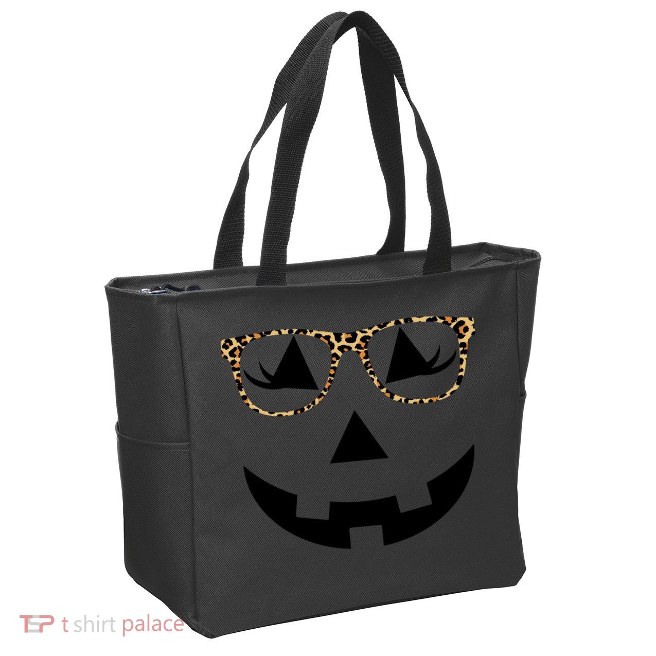 Leopard Jack O Lantern Pumpkin Face Zip Tote Bag