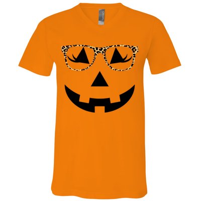 Leopard Jack O Lantern Pumpkin Face V-Neck T-Shirt