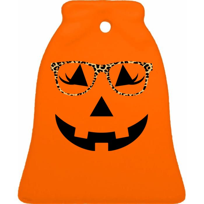 Leopard Jack O Lantern Pumpkin Face Ceramic Bell Ornament