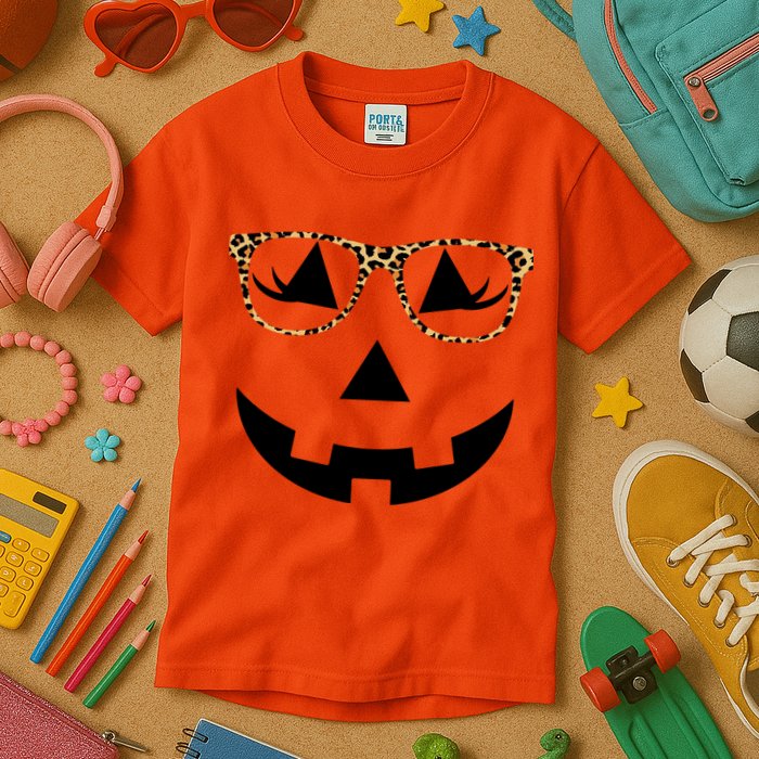 Leopard Jack O Lantern Pumpkin Face Kids T-Shirt
