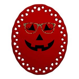 Leopard Jack O Lantern Pumpkin Face Ceramic Oval Ornament