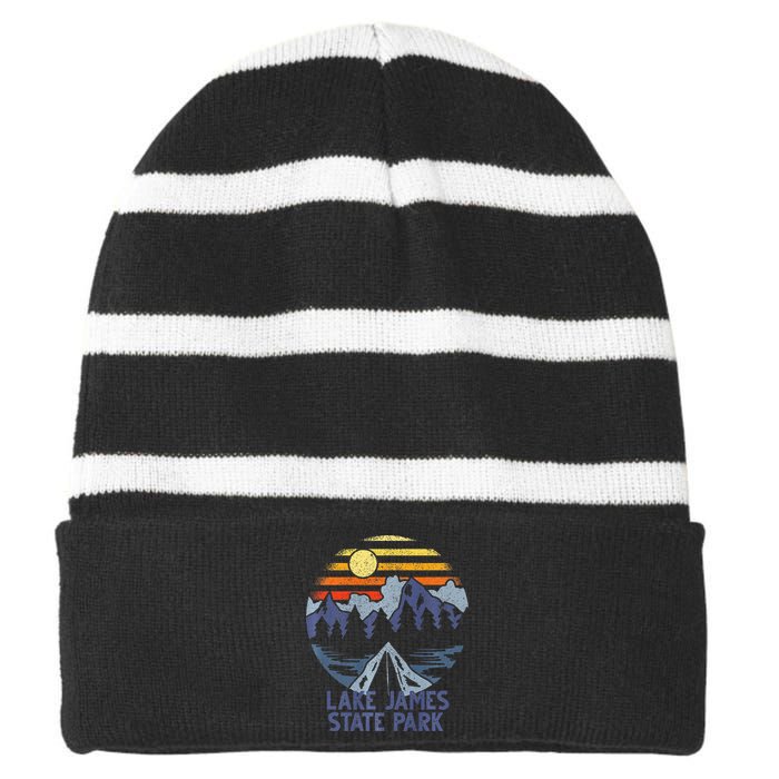 Lake James State Park North Carolina Camping Vacation Striped Beanie with Solid Band