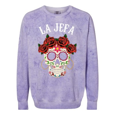 La Jefa Sugar Skull Apparel Mexican Dia De Los Muertos Dead Colorblast Crewneck Sweatshirt