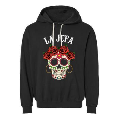 La Jefa Sugar Skull Apparel Mexican Dia De Los Muertos Dead Garment-Dyed Fleece Hoodie