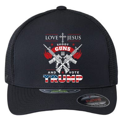 Love Jesus. Shoot Guns. And Vote Trump 2020 Flag Flexfit Unipanel Trucker Cap