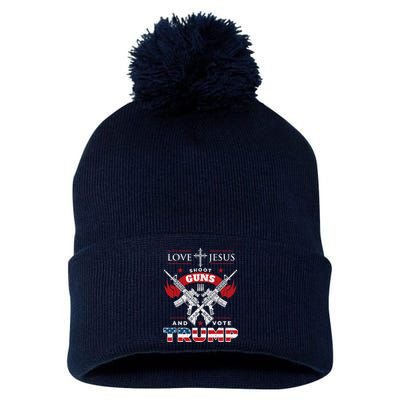 Love Jesus. Shoot Guns. And Vote Trump 2020 Flag Pom Pom 12in Knit Beanie