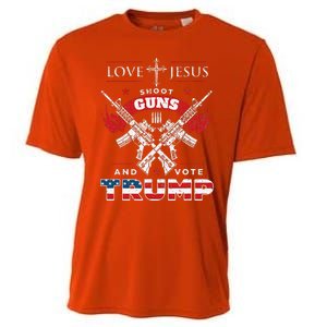 Love Jesus. Shoot Guns. And Vote Trump 2020 Flag Cooling Performance Crew T-Shirt