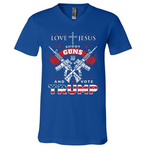 Love Jesus. Shoot Guns. And Vote Trump 2020 Flag V-Neck T-Shirt