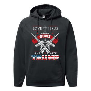 Love Jesus. Shoot Guns. And Vote Trump 2024 Flag Performance Fleece Hoodie