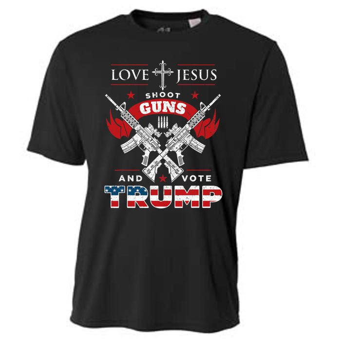 Love Jesus. Shoot Guns. And Vote Trump 2024 Flag Cooling Performance Crew T-Shirt