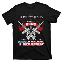 Love Jesus. Shoot Guns. And Vote Trump 2024 Flag T-Shirt