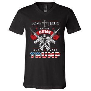 Love Jesus. Shoot Guns. And Vote Trump 2024 Flag V-Neck T-Shirt