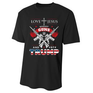 Love Jesus. Shoot Guns. And Vote Trump 2024 Flag Performance Sprint T-Shirt