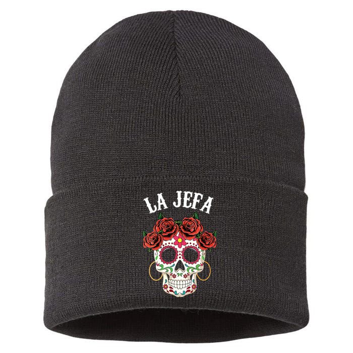 La Jefa Sugar Skull Mexican Dia De Los Muertos Dead Vneck Sustainable Knit Beanie