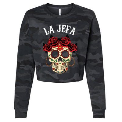 La Jefa Sugar Skull Mexican Dia De Los Muertos Dead Cropped Pullover Crew