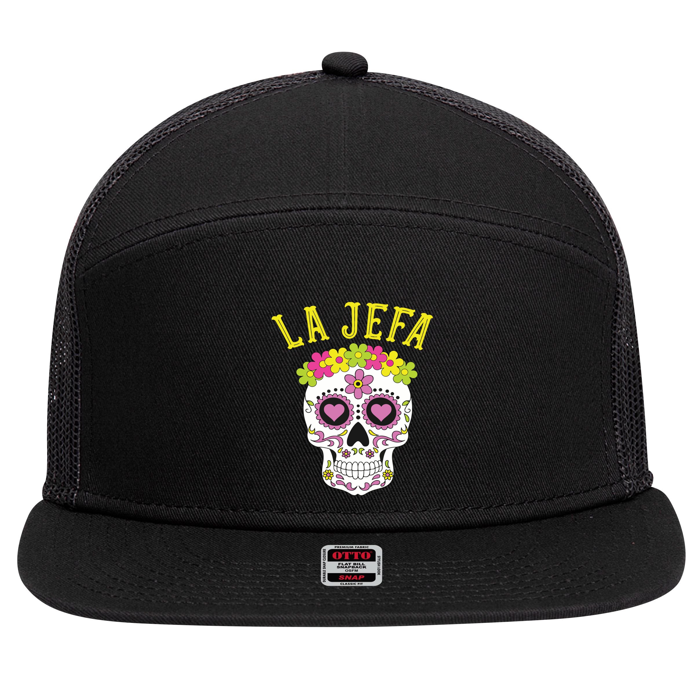 La Jefa Sugar Skull Dia De Los Muertos Costume 7 Panel Mesh Trucker Snapback Hat