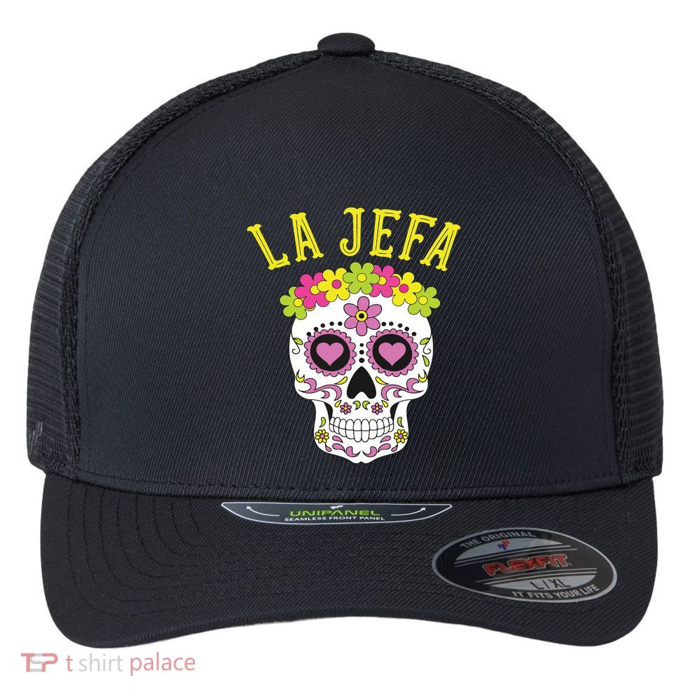 La Jefa Sugar Skull Dia De Los Muertos Costume Flexfit Unipanel Trucker Cap