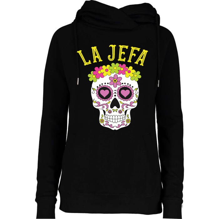 La Jefa Sugar Skull Dia De Los Muertos Costume Womens Funnel Neck Pullover Hood