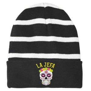 La Jefa Sugar Skull Dia De Los Muertos Costume Striped Beanie with Solid Band