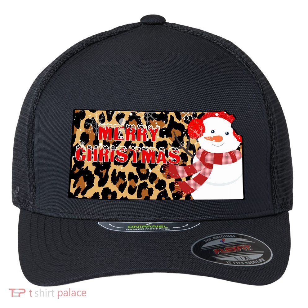 Leopard Kansas Christmas With Snowman Flexfit Unipanel Trucker Cap