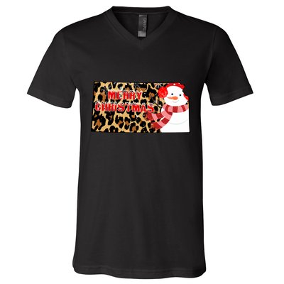 Leopard Kansas Christmas With Snowman V-Neck T-Shirt