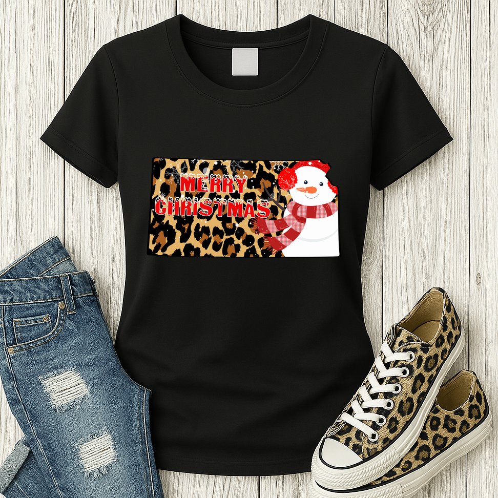 Leopard Kansas Christmas With Snowman Womens T-Shirt