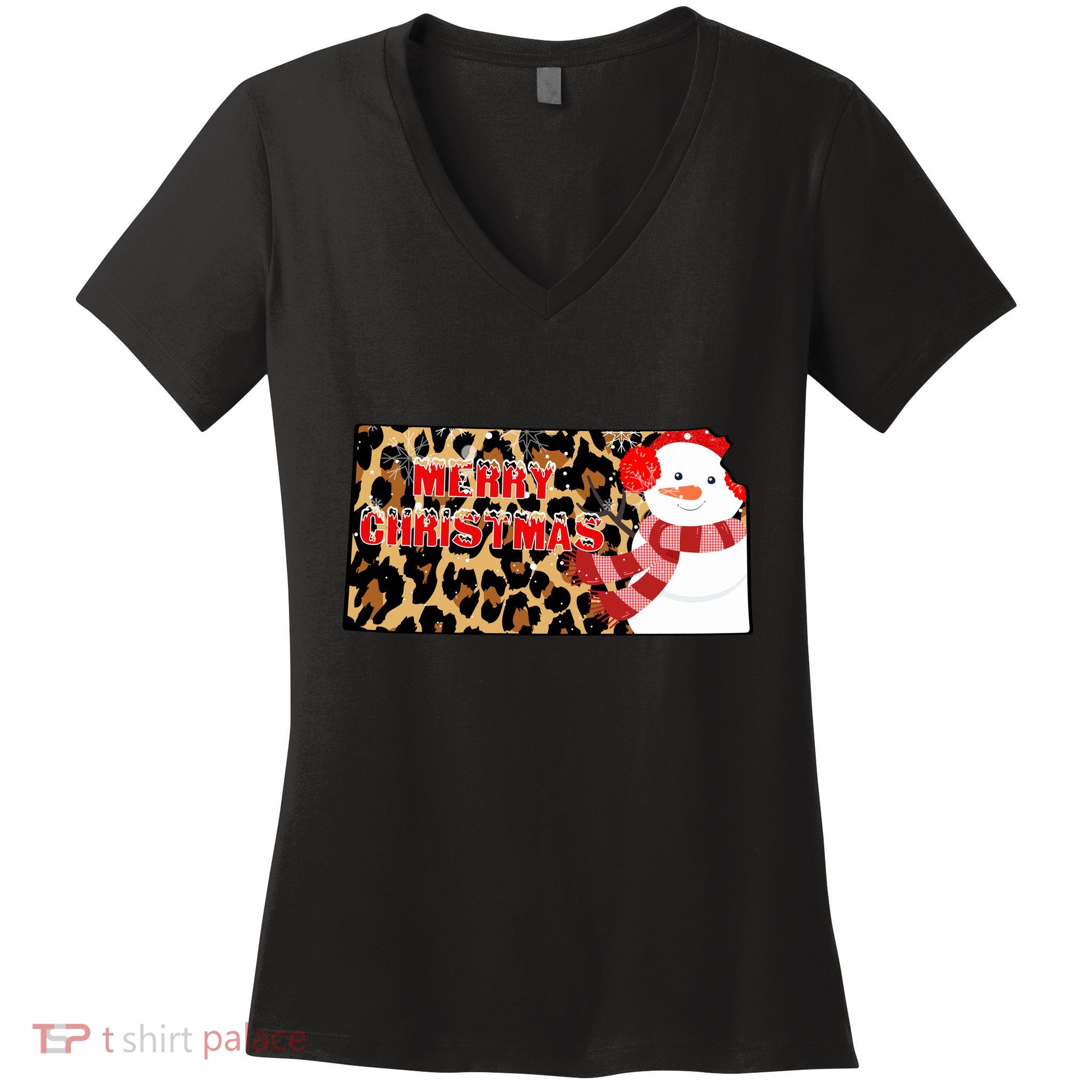 Leopard Kansas Christmas With Snowman Women's V-Neck T-Shirt
