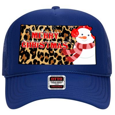 Leopard Kansas Christmas With Snowman High Crown Mesh Back Trucker Hat