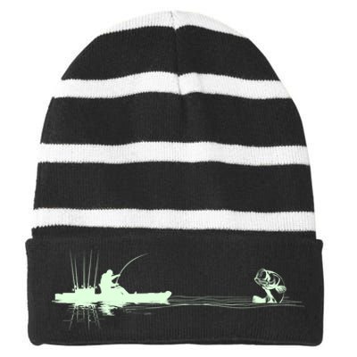 Largemouth Kayak Fishing Kayaking Angler Graphic Fisher Cool Gift Striped Beanie with Solid Band