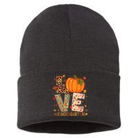 Love Kindergarten Happy Fall Thanksgiving Teacher Sustainable Knit Beanie