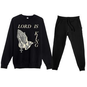 Lord King Jesus God Love Faith Church Family Pray Hands Fun Premium Crewneck Sweatsuit Set