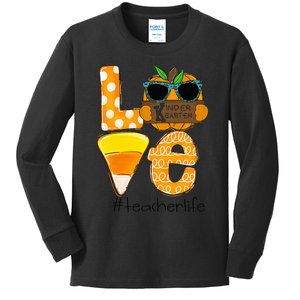 Love Kindergarten Teacherlife Pumpkin Candy Corn Halloween Kids Long Sleeve Shirt