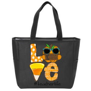 Love Kindergarten Teacherlife Pumpkin Candy Corn Halloween Zip Tote Bag