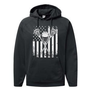 Lacrosse Player Gift LAX American Flag Performance Fleece Hoodie