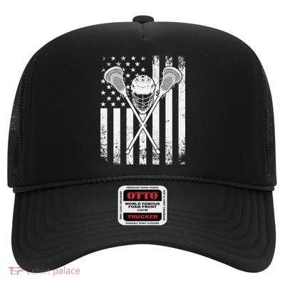 Lacrosse Player Gift LAX American Flag High Crown Mesh Back Trucker Hat
